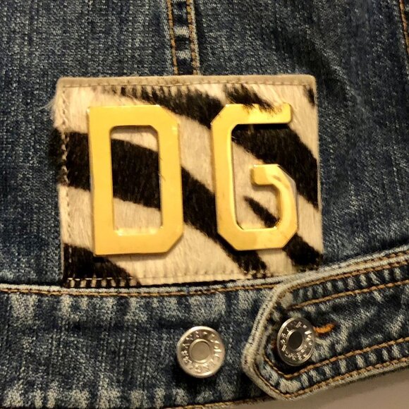 DOLCE & GABBANA Y2K Distressed Jean Jacket Leopard Gold DG Logo M MSRP $1395 - Picture 2 of 7